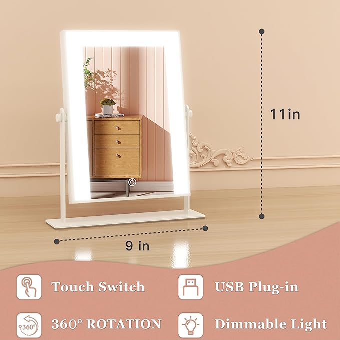 9"x11" Small Vanity Mirror with Lights, Lighted Makeup Mirror with Light, Portable Tabletop Cosmetic Make Up Mirror, Smart Touch Control, Dual Power Supply, 360°Rotation