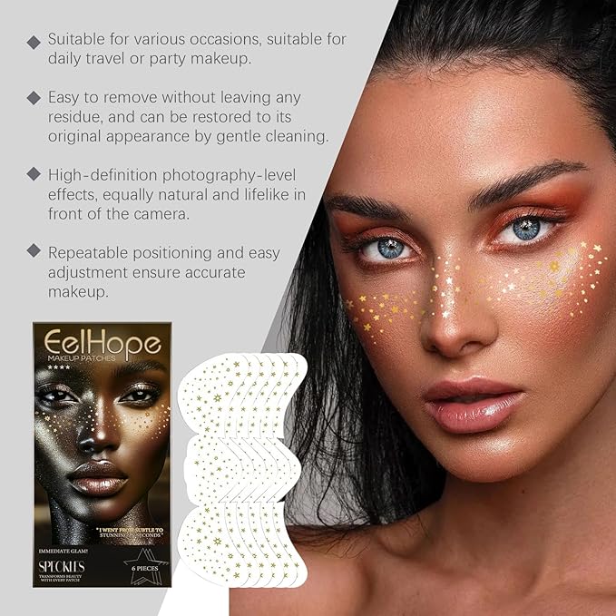 12 Count Makeup Patches,Gold-Face Glitter Speckles Patches,Glitter Freckles Face Tattoo, Sparkle Makeup Patches,Glow Up Makeup Patches for Women - Cosmetic Glitter for Face