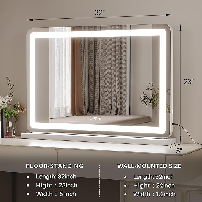 ZL ZELing Vanity Mirror with Lights, 32" x 23", LED Makeup Mirror, Dimmable 3-Color Lighting, 5X Magnification, Touch Screen Control, Wall-Mountable and Tabletop Design