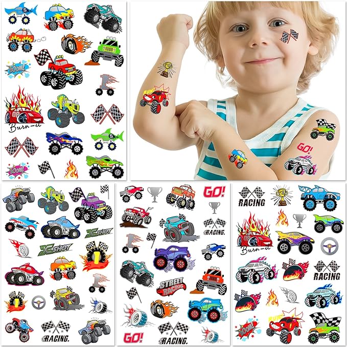 75PCS Toddler Tattoos Hot Wheel Birthday Decorations Hot Wheels Party Favors, Kids Tattoos Temporary for Boys Monster Truck Tattoo Halloween Tattoo Racing Car Flag Stickers