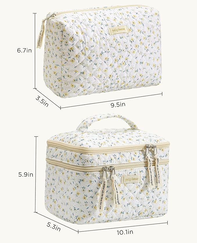 HBselect 2Pcs Travel Makeup Bag, Large Cotton Quilted Makeup Bag Cosmetic Bag Cute Make up Bag Toiletry Bags for Women Girls