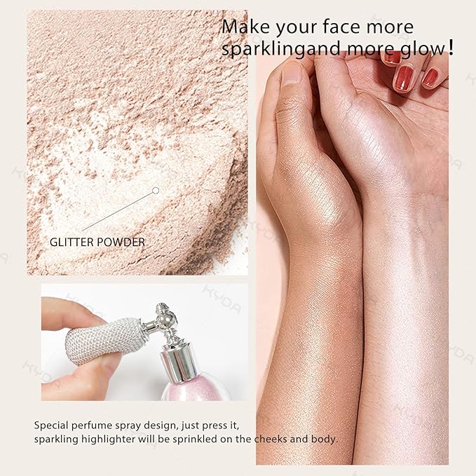 KYDA Highlighter Powder Spray, High Gloss Glitter Spray, Sparkling Powder Makeup, for Face and Body Glitter Cosmetic-Champagne Gold