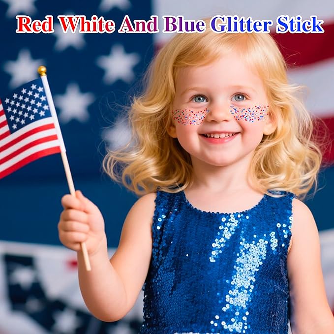 MEICOLY Red White and Blue Face Body Glitter Stick,Hair Glitter Stick for Kids and Women,Sparkle Patriotic Pride Chunky Glitter Makeup for Memorial Day,4th of July Accessories Outfits for Women