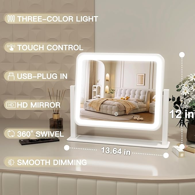 Vanity Mirror with Lights, 14"×12" LED Makeup Mirror, Lighted Makeup Mirror with Lights, Smart Touch Control 3 Colors Dimmable, Lighted Up Mirror for Makeup Desk, Bedroom, 360° Rotation