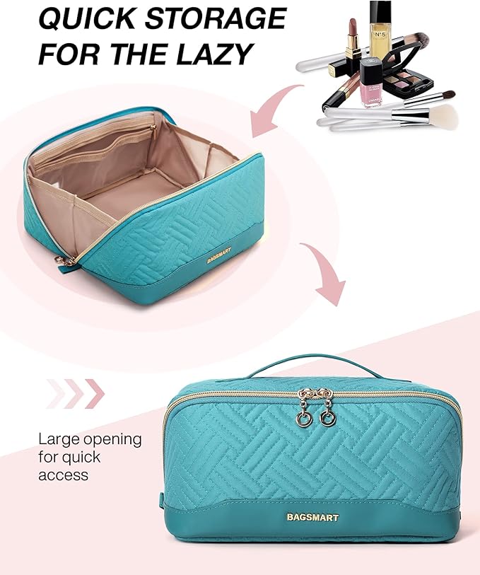 BAGSMART Makeup Bag Cosmetic Bag, Travel Makeup Bag,Water-resistent Makeup Bags for Women Portable Pouch Open Flat Make Up Organizer Bag for Toiletries, Brushes, Teal