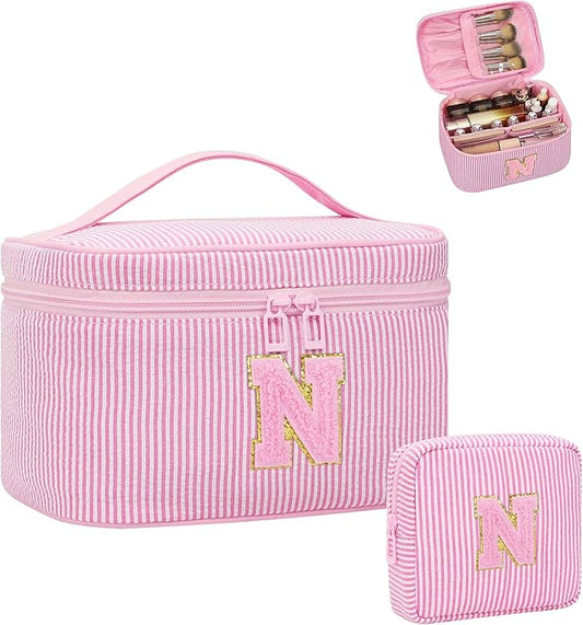 Initial Makeup Bag Cosmetic Bag Bridal Shower Gifts - Bridesmaid Bag,Bridesmaid Proposal Gifts for Wedding Day,Maid Matron of Honor Gift, Bride to be Gifts,Bachelorette Party Favors,2PCS,Pink N