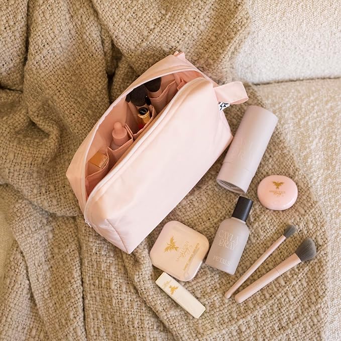 Tiny Twinkle Travel Waterproof Makeup Bag | Travel-Friendly Toiletry Cosmetic Case Organizer with Convenient Carry Handle | Spacious Interior Pouches and Secure Zipper Closure (Rose)