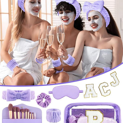 Gift Sets for Women, Initial Makeup Bag with Makeup Brush Set Bachelorette Party Favors, Purple Spa Kit with Skincare Headbands Wrist Bands Sleepover Party Supplies Gifts for Teen Girls Bridesmaid P