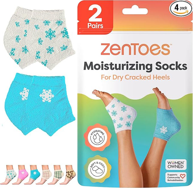 ZenToes Moisturizing Socks for Cracked Heel Treatment, Vitamin E, Olive Oil and Jojoba Oil Infused Heel Socks, Galentines Day Gifts, Self Care Gifts for Women (White & Blue Snowflake, Regular)