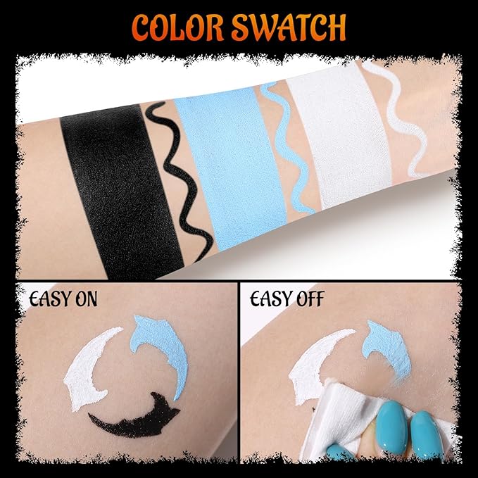 White Black Light Blue Face Body Paint with Applicator, Oil Based Face Painting Kit for Halloween Dead Bride, Blue Alien, Scary Doll Makeup, Cosplay, Costume, SFX Special Effect and Theme Parties