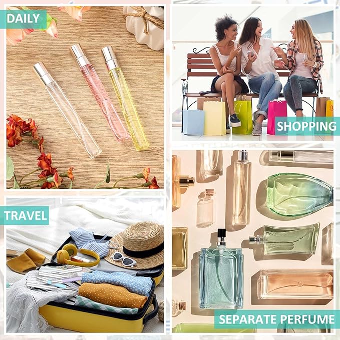 Zhehao 50 Pcs Mini Spray Bottles 10 ml Clear Glass Perfume Bottles Refillable Fine Mist Perfume Atomizer Portable Empty Sample Containers for Cleaning, Essential Oils, Travel (Silver Cap)