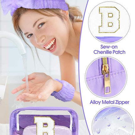 Gift Sets for Women, Initial Makeup Bag with Makeup Brush Set Bachelorette Party Favors, Purple Spa Kit with Skincare Headbands Wrist Bands Sleepover Party Supplies Gifts for Teen Girls Bridesmaid B