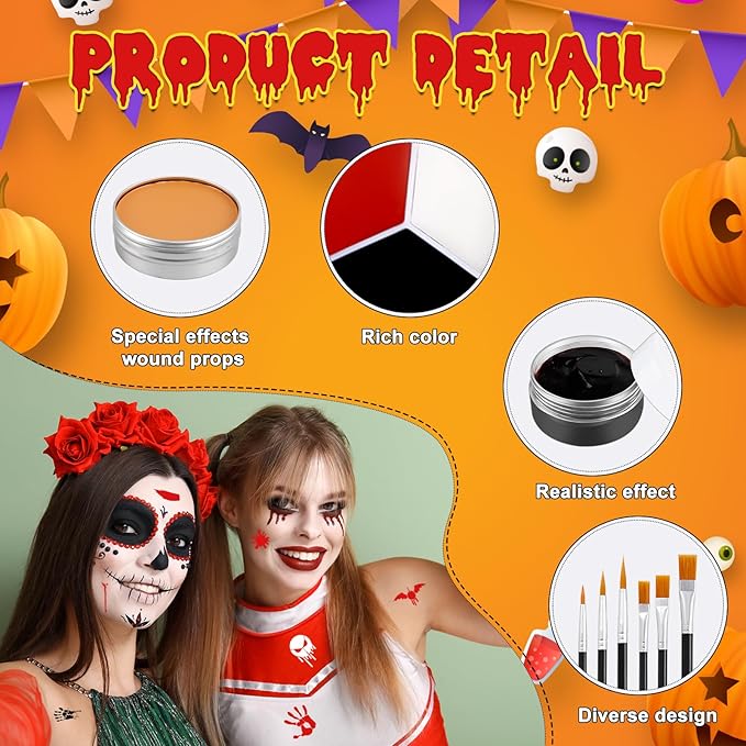 Halloween Makeup Set Scar Wax with 3 Color Bruise Wheel Face Body Paint Blood Gel and Stencils Spatula Sponges Makeup Brush for Halloween Fake Blood Costume Party Supplies Zombie Cosplay