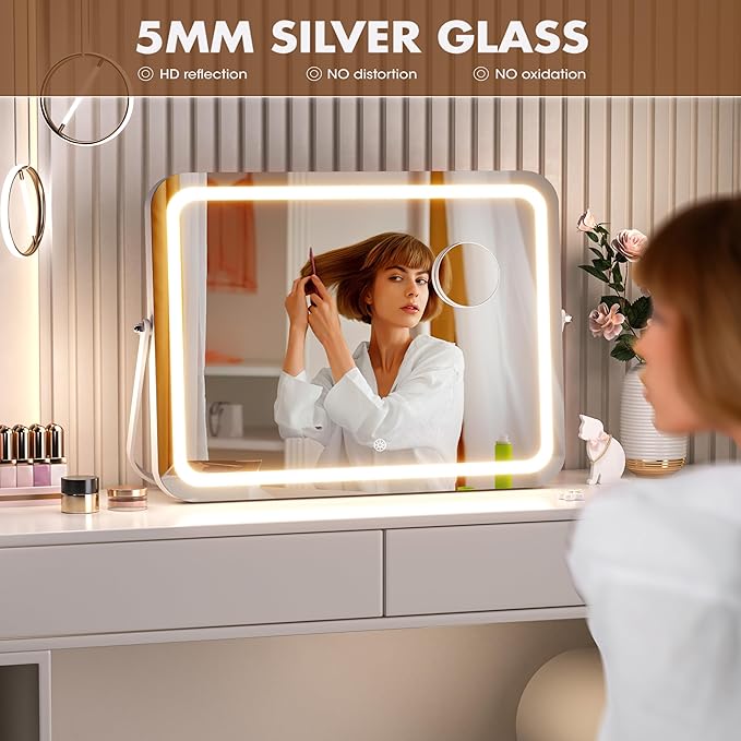 Hasipu Vanity Mirror with Lights, 16" x 12" LED Makeup Mirror, 3 Modes Light, Smart Touch Control Dimmable, 360°Rotation, Rectangle White Frame, with 5X Magnifying Glass