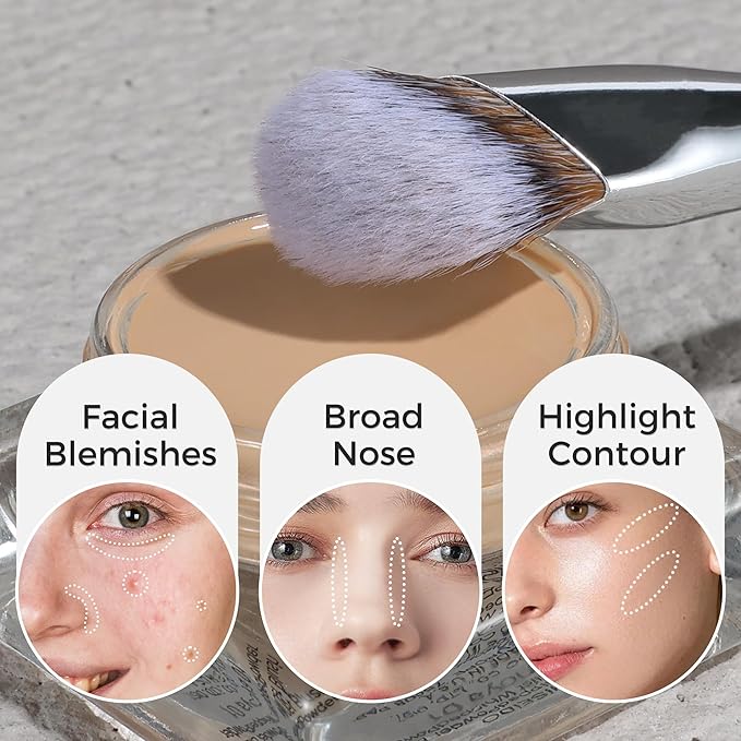 ENERGY Concealer Brush, Under Eye Makeup Small Angled Kabuki Precision Face Blending Brush-Liquid Cream Foundation Concealer for Dark Circles, Make Up Nose Contour Applicator Vegan with Cover (White)