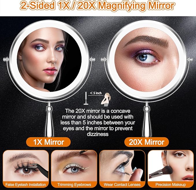 Makeup Mirror with Lights, 9 Inch 20X Magnifying Mirror with Light and 3 Colors for Women, Vanity Mirror with Lights and Adjustable Brightness, Lighted Magnified Mirrors for Delicate Makeup