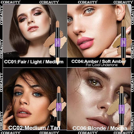 CCbeauty 2-IN-1 Contour Stick Cool Tone, Cream Dual Bronzer Concealer Shade with Cool toned Matte Finish, Contouring Bronzing Makeup for Face Shaping Makeup, Amber & Soft Amber
