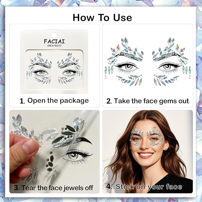 12 Sets Face Jewels Gems Mermaid Glitter Rhinestone Crystal Stickers Waterproof Eyes Temporary Tattoos for Party, Rave Festival, Carnival, Holiday Costumes, Accessories