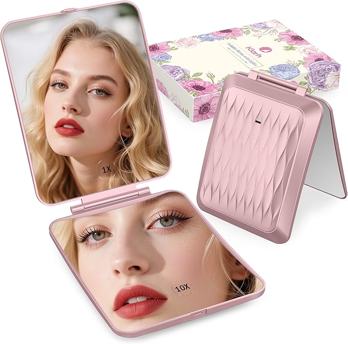1X/10X Magnifying Makeup Mirror with 3 Colored Lights and Touch Control, 2700mAh Rechargeable LED Vanity Mirror for Home, Bathroom and Travel (Rose Pink, with LED Lights)