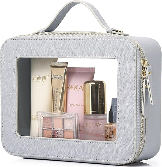 Pinkmik Clear Makeup Bag Waterproof Travel Case for Cosmetics and Toiletries Women's Makeup Organizer and Car Bag with Zipper (Gray, L)