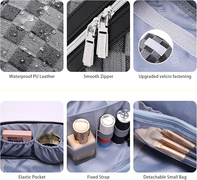 BOYATU Travel Makeup Bag for Women: Large Cosmetic Bag Set of 3 - PU Leather Make up Bag with Compartments - Compact Waterproof Toiletry Bag with Divider & Handle (C-02Black)