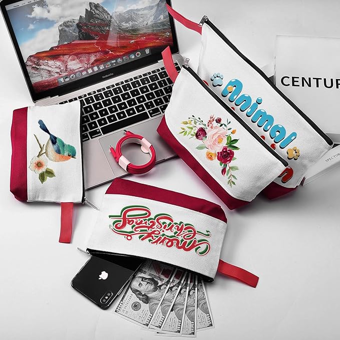 10 Pieces Cotton Canvas Makeup Bag with Bottom and Strap, Multi-Purpose Cosmetic Bag with Zipper Travel Toiletry Pouch, Blank DIY Craft Bag (White&Red, L)