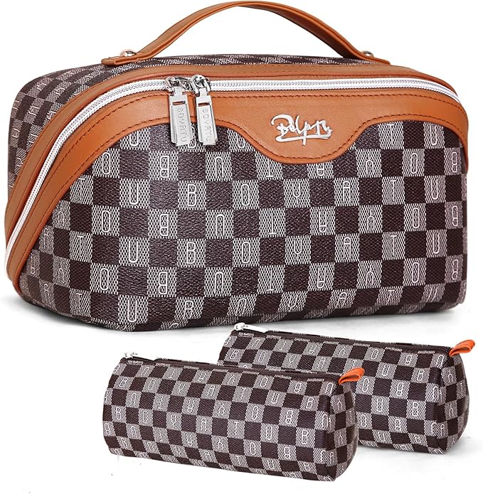 BOYATU Travel Makeup Bag Cosmetic Bags for Women: 3 Pcs Set Portable Make up Bag with Handle - Vegan Leather Toiletry Bags with Compartments - Makeup Organizer for Travel Essentials(02-Brown)