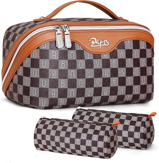 BOYATU Travel Makeup Bag Cosmetic Bags for Women: 3 Pcs Set Portable Make up Bag with Handle - Vegan Leather Toiletry Bags with Compartments - Makeup Organizer for Travel Essentials(02-Brown)