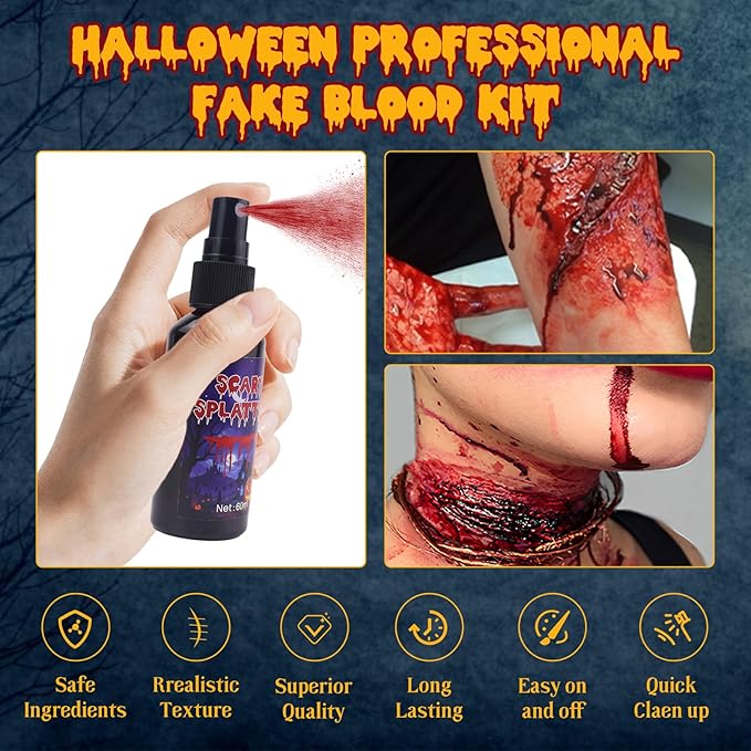 Halloween Fake Blood Sfx Makeup Kit, Special Effects Makeup Kit - Fake Blood Spray 2.03oz ,Dripping Blood 2.03oz, and Coagulated Gel Blood 1.06oz, Safe for Vampire Zombie Monster Cosplay Party Clothes