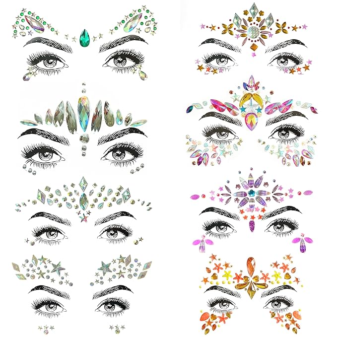 8 Pcs Gemstone Face Stickers for Music Festival Holiday Party, Rhinestone Face Jewels for Halloween Christmas, Face Gems Glitter Sticker Temporary Tattoo for Birthday Carnival