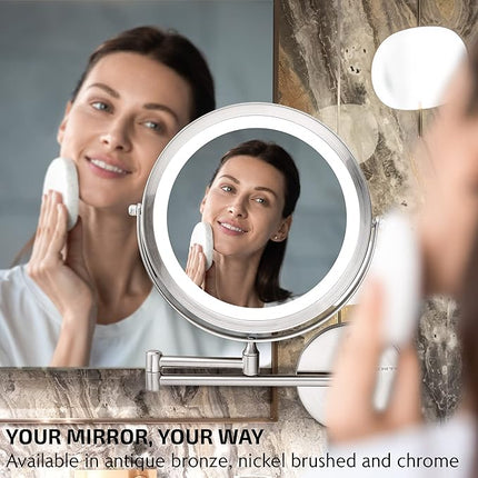 OVENTE Wall Mounted Lighted Makeup Mirror, 9" Double Sided 1X/10X Magnifying Vanity Mirror for Bathroom with LED Lights, Cordless, 360° Rotation and 13" Extendable Arm, Nickel Brushed MFW85BR1X10X