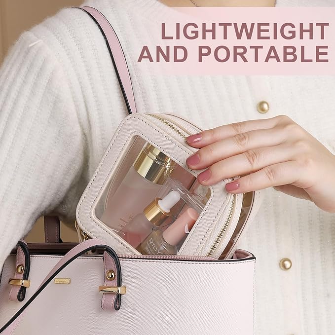 Pinkmik Clear Small Makeup Bag Mini Cosmetic Makeup Case & Toiletry Bag with Zipper,Cute Purse Organizer,Car Essentials for Women (Beige, MINI-2)