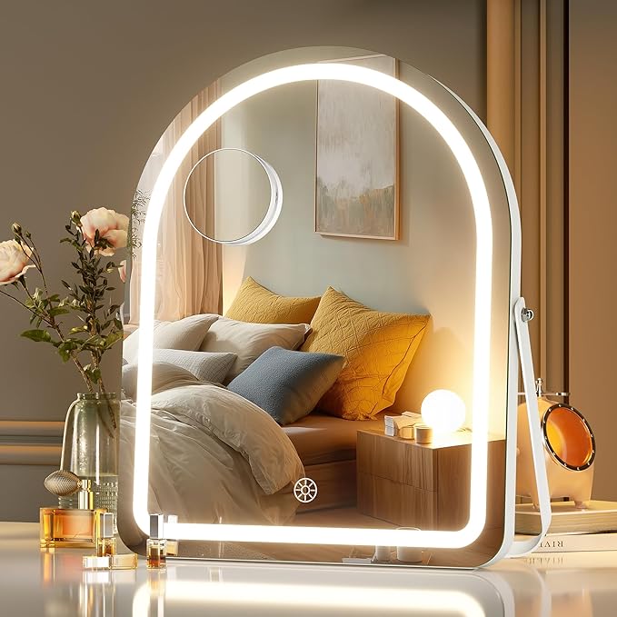 MINISO Vanity Mirror with Lights and Bluetooth Speaker-11.5" x 14" Arched Makeup Mirror with 3 Color Lights, Adjustable Brightness,10X Magnification, 360°Rotation