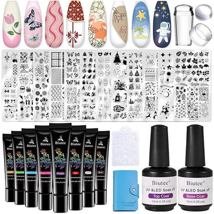 Biutee Nail Stamper Kit 12Pcs Nail Art Stamping Plate 8 Colors Stamp Polish Gel with Top Coat and Base Coat Set Silicone Stamper Scraper, Nail Stamp Plates Love Flower Butterfly Leaf Valentine Design