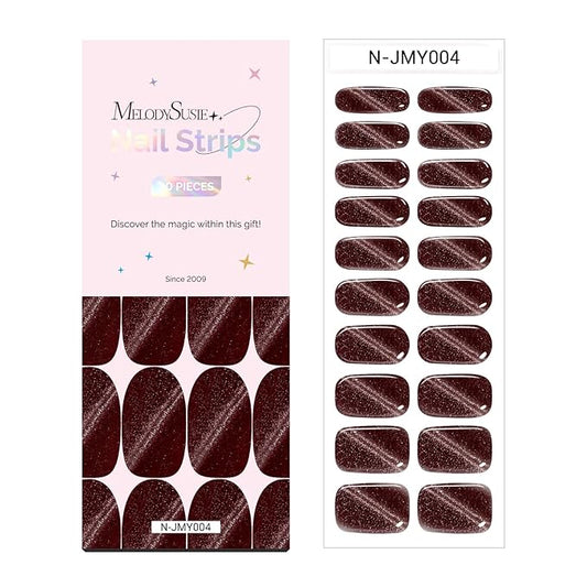 MelodySusie Semi Cured Gel Nail Strips (Wine Red Cat Eye)- Works with Nail lamp, Salon-Quality, Long Lasting, Easy to Apply & Remove - Includes 20Pcs, 2 Prep Pads, Nail File & Wooden Stick