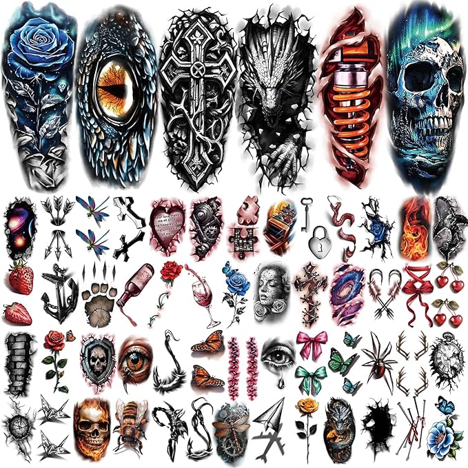 77 Sheets 3D Realistic Temporary Tattoos Adults Kids, Realistic Skull Tiger Wolf Lion Dragon Spider Snake Temporary Tattoos For Women Men, Half Arm 3D Halloween Temp Tattoos Look Real And Last Long