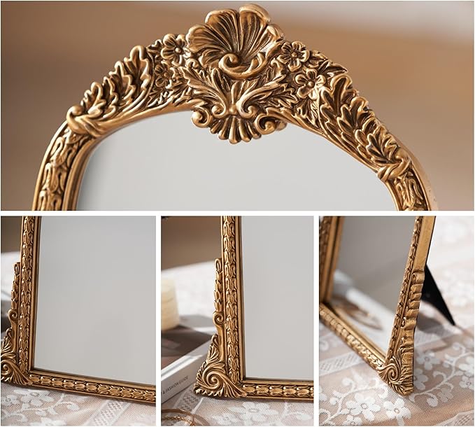 Small Gold Vintage Mirror, Antique Arched Tabletop Makeup Mirror, Hand-Carved Frame, 11" x 11.2" for Bedroom, Living Room, Vanity