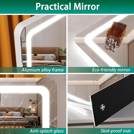 Hasipu Vanity Mirror with Lights, 24.2" x 18.9" LED Make up Mirror, Light up Mirror with 10X Magnification and USB Charging Port, Phone Holder, Smart Touch 3 Colors Dimmable, 360° Rotation (White)