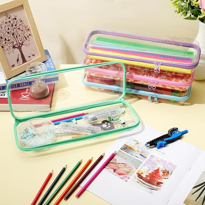 Hoolerry 4 Pcs Hard Clear Zipper Case Makeup Bags Plastic Pencil Pouch Transparent Storage Box Containers for Cosmetics, Snacks, Building Blocks, Puzzles(Pastel,13.2 x 4.7 x 2.4 in)