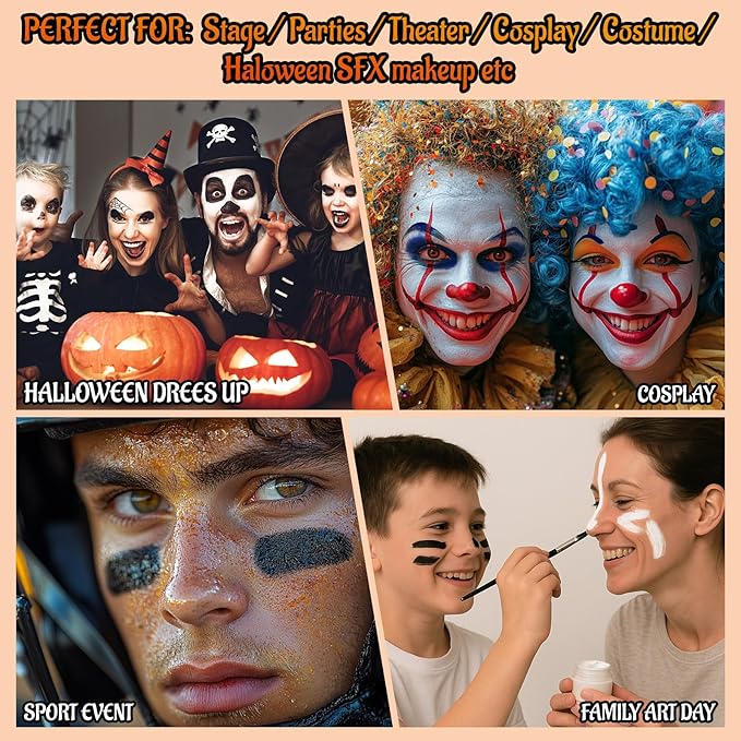 Black Red Orange Face Body Paint with Applicator, Face Painting Kit for Halloween Makeup, Pumpkin, Tiger Costume, Cosplay,Theme Parties, Dress Up - Compact & Portable