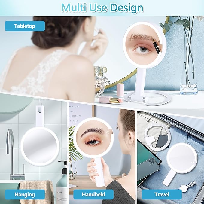 Makeup Mirror with Lights, 20X Magnifying Mirror with Light and Adjustable Brightness,Vanity Mirror with Lights and 3 Colors, 2-Sided Travel Mirror with Light, Tabletop Mirrors for Home and Outside
