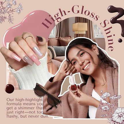 AZUREBEAUTY Nail Polish Set 4 Colors Brown Pink Glitter Nail Polish Quick Dry Natural Nail Lacquer Fingernail Kit with Top Coat DIY Salon Home