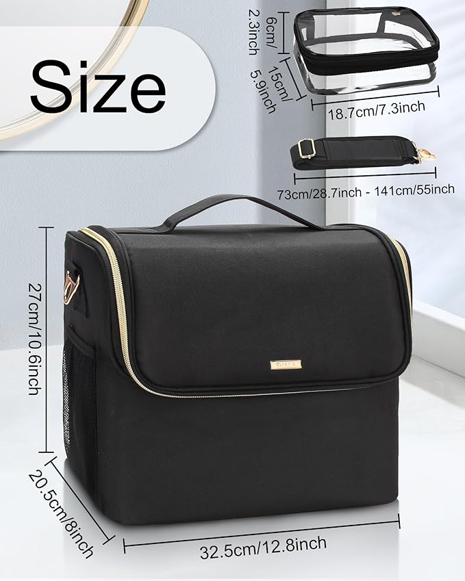 Large Makeup Carrying Train Case, Makeup Bag with 2 Small Bags, Professional Makeup Artist Bag Tattoo Case Travel Makeup Organizer Box with Adjustable Dividers and Shoulder Strap (Black)