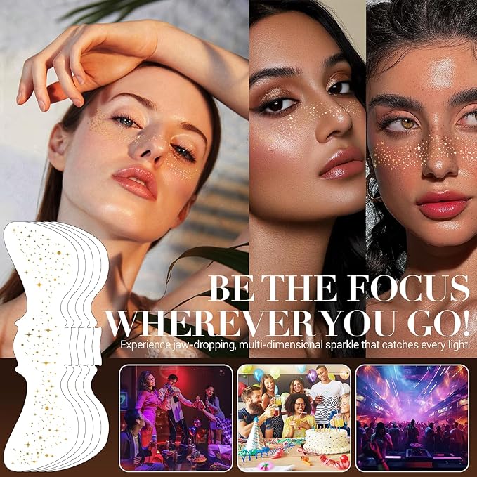 Golden Glitter Freckles Face Tattoo - Waterproof Sparkle Makeup Patches, 6 Count: Essential for Music Parties & Festivals