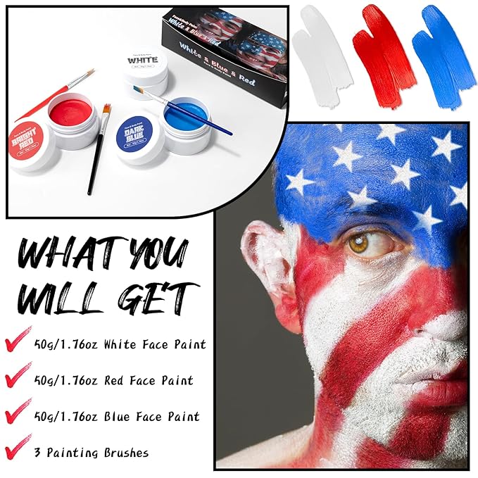 TonJin White Red Blue Face Body Paint Set 5.28oz,Non-Toxic Professional Facepaint Makeup Kit with 3 Brushes for Kids & Adults 4th of July USA Independence Day Football Softball Players Clown Spiderman