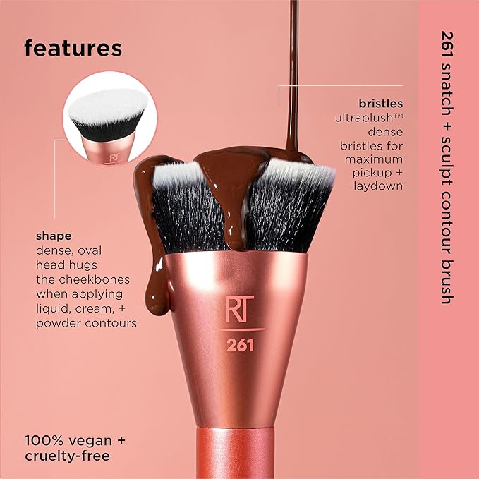 Real Techniques Snatch + Sculpt Contour Makeup Brush, For Liquid & Cream Contour & Bronzer, Flat Top & Oval Head For Blending & Buffing, Dense, Synthetic Bristles, Vegan & Cruelty Free, 1 Count