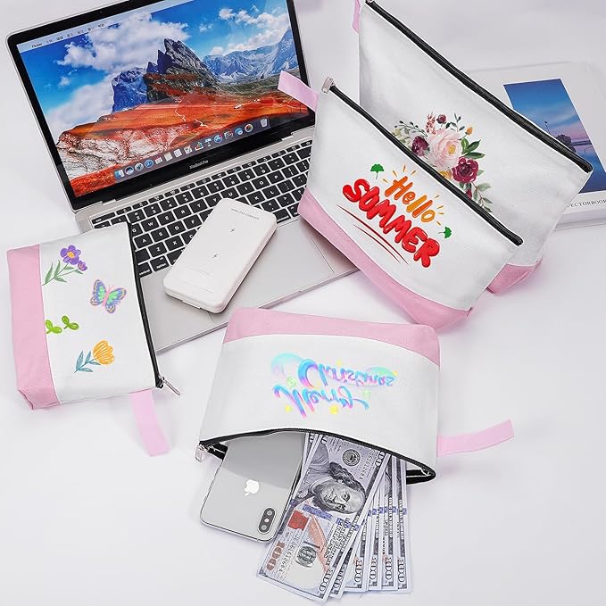 10 Pieces Cotton Canvas Makeup Bag with Bottom and Strap, Multi-Purpose Cosmetic Bag with Zipper Travel Toiletry Pouch, Blank DIY Craft Bag (White&Pink, L)