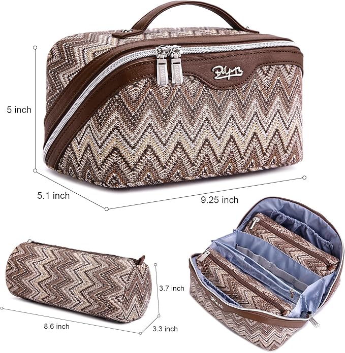 Travel Makeup Bag for Women: Western Boho Make up Bag Set of 3 - Large Capacity Vegan Leather Cosmetic Bag - Waterproof Toiletry Bag with Compartments & Handle & Divider(B-02Brown)