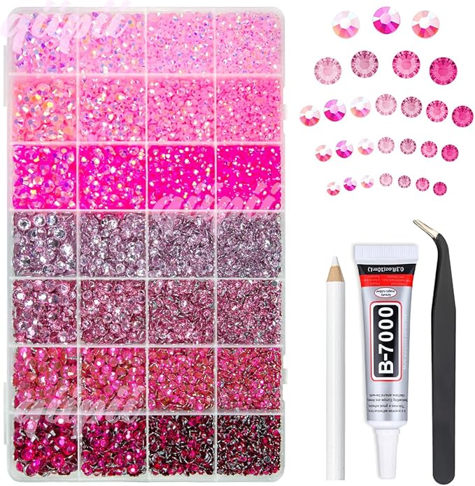 28 Types Pink Jelly Resin Rhinestones w B7000 Jewelry Glue for Bedazzling Crafting 3-6mm Flatback Colorful Stones Gems Diamonds for Face Eyes Makeup DIY Crafts Tumblers Bottles Clothes Shoes