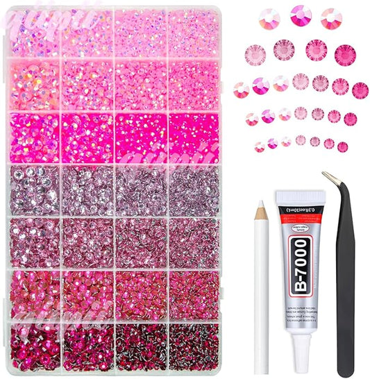 28 Types Pink Jelly Resin Rhinestones w B7000 Jewelry Glue for Bedazzling Crafting 3-6mm Flatback Colorful Stones Gems Diamonds for Face Eyes Makeup DIY Crafts Tumblers Bottles Clothes Shoes